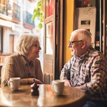 Idea de cita en una cafetería por la tarde para mayores de 60